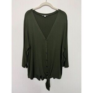 Green Envelope 1X Blouse Olive Green Tie Front Button Down V-Neck 3/4 Sleeve
